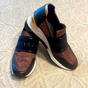 Michael Kors black wedges with pink glitter accent